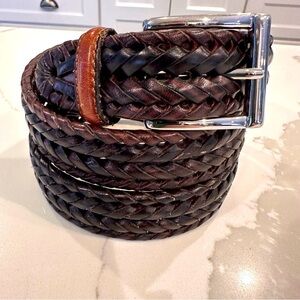 Roundtree & Yorke Mens Brown Leather Braided Woven Belt 38 Silver Buckle Casual